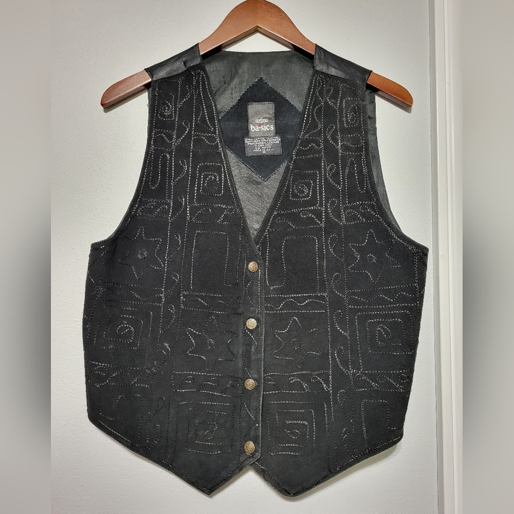 Stefano Basics Vintage Black Leather Button Snap Vest Women's Size Medium